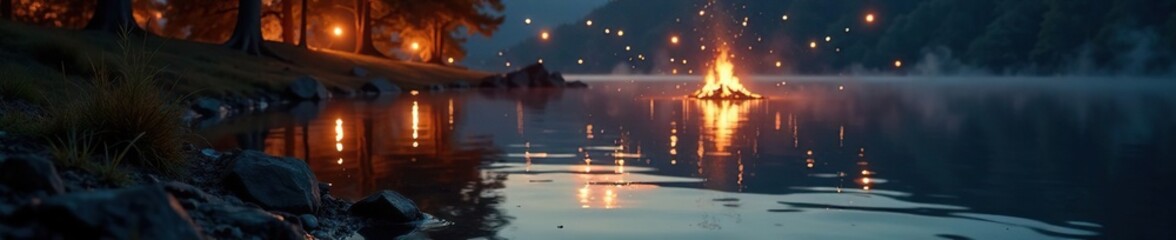 Wall Mural - Sparkling lake water reflected in the flickering bonfire's dance, tranquil, canopy