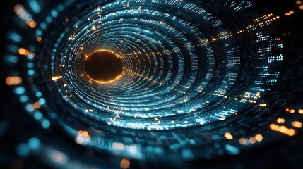 Futuristic tunnel, digital code, glowing light