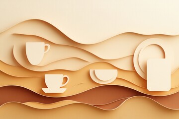 Aufkleber - Cozy layered paper art design featuring silhouettes of coffee cups, plates, and utensils in warm brown and creamy tones Generative AI