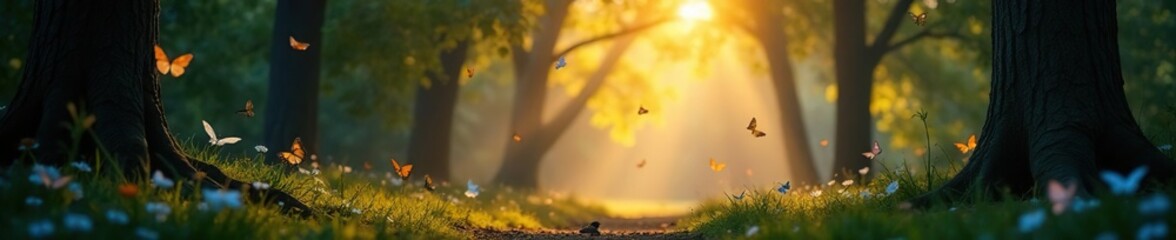 Wall Mural - Trees with soft luminescent glow amidst fluttering butterflies, wildlife, luminous,