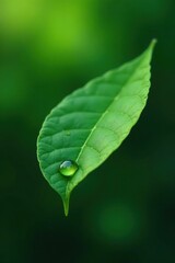 Wall Mural - Leaf with a single droplet suspended in mid-air serenity, simplicity, serene, quiet