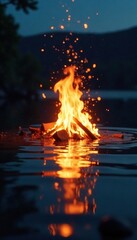 Wall Mural - Sparkling lake water reflected in the flickering bonfire's dance, birthday, sparkly water, starry