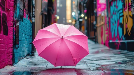 Wall Mural - Colorful Pink Umbrella in Artistic Urban Alley with Pastel Walls