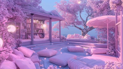 Wall Mural - serene pastel terrace with a bookstore and umbrella in twilight