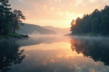 Wall Mural - Soft focus lens captures a serene lake scene at dawn, water, serene, mist