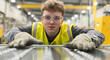 © Саша Федюк - Young man wearing safety glasses and gloves focuses on equipment while working in a bustling industrial environment