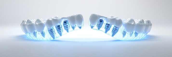 Aufkleber - 3D model of dental arch showcasing implant placements with natural teeth in soft blue highlights on a light background Generative AI