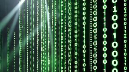 Green Digital Binary Code Data Stream with Glowing Numbers Flowing in a Futuristic Cyber Background of Computer Programming

