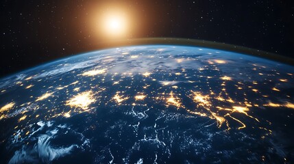 An illuminated blue and dark Earth observed from outer space