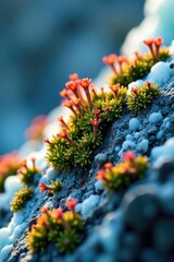 Wall Mural - delicate alpine lichens and mosses thrive on the surface of a glacier in the swiss alps, shining wit