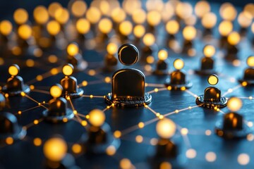 Wall Mural - interconnected community concept with glowing nodes and metallic figures representing people in a di