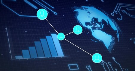 Wall Mural - Animation showing digital network connections and data analytics over world map