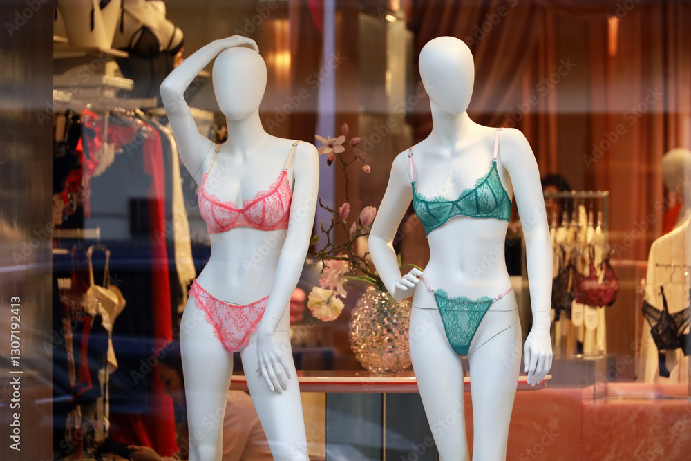 super sexy women in lingerie Female mannequins in underwear, view through the window. Lingerie store,  lace bra and panties in a shop Stock Photo