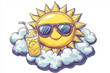 © Riva - A cartoon sun with sunglasses and lemonade in hand, lounging on clouds
