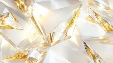 Fototapete - Luxurious abstract 3D render with white and gold polygonal shapes, diamond texture, and a crystal-like surface. Shiny glass reflections, bright lighting, and golden glow create an elegant and futurist
