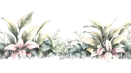 Poster - Vibrant Green Leaves Watercolor Painting with Delicate Veins Arranged in a Elegant Botanical Banner on Clean White Background Creating a Natural and Refreshing Botanical Artwork with Copy Space