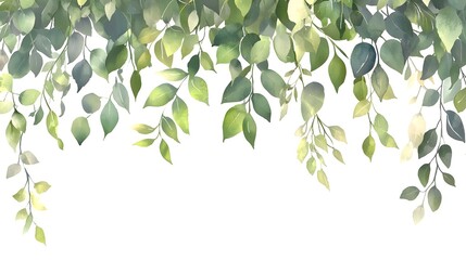 Poster - Elegant and Serene Watercolor Painting of Lush Green Leaves Arranged in a Beautiful Botanical Composition on a Clean White Background Perfect for Minimalist Banners Headers and Design Templates