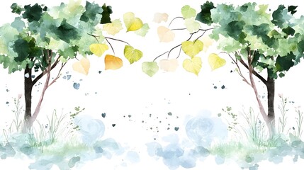 Aufkleber - Whimsical and delicate botanical watercolor painting showcasing a variety of green leaves painted with details and subtle shading leaving ample copy space for creative designs