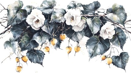 Poster - A whimsical and delicate botanical watercolor painting showcasing a variety of green leaves painted with details and subtle shading leaving ample copy space for creative designs and