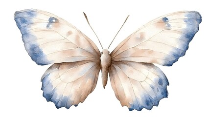 Fototapete - A graceful and detailed watercolor of a butterfly featuring striking shades of blue and orange with intricate wing patterns set against a minimalistic white background