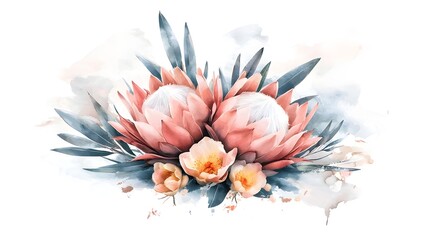 Poster - Serene and Enchanting Botanical Artwork of Protea Flower with Graceful Pink Petals and Fresh Green Leaves   Intricate Detailing and Soft Shading Perfect for Floral Designs and