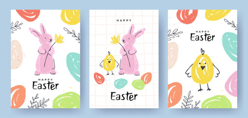 Wall Mural - happy easter card collection. trendy easter design with typography, hand painted plants, dots, eggs,