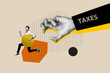 © deagreez - Trend artwork sketch design montage collage of young man hold coins run suffer taxes crisis hand catch economy savings cash trade finance