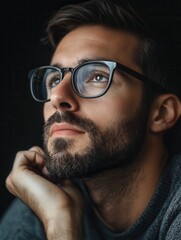 Aufkleber - Young man with glasses deep in thought, gazing upward in a dimly lit room during evening hours Generative AI