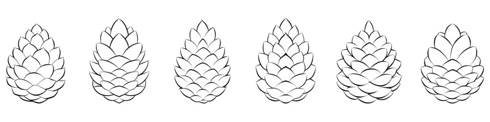 Wall Mural - pine cone icon. set of six different fir cones isolated on white background. vector illustration