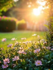 Leinwandbilder - Morning sunlight illuminates blooming flowers in a peaceful garden setting Generative AI