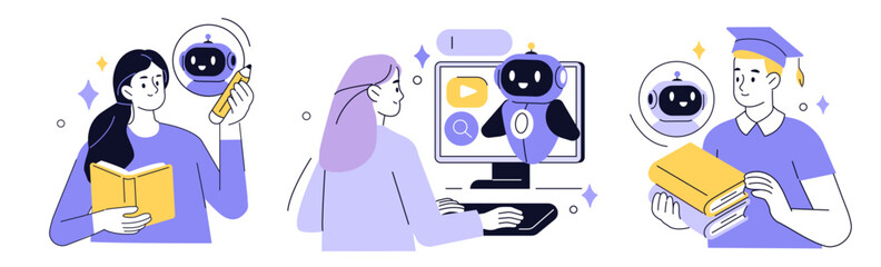 AI technology in education set. Robot assist teachers and students by lesson. Characters use artificial intelligence generative tools for learning, teaching, writing. Vector illustration.