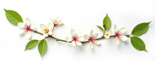 Wall Mural - Leafy branches with delicate flowers isolated on white background, simplicity, nature, still life