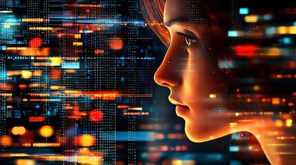 Woman's profile illuminated by digital code.