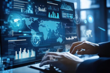 Wall Mural - businessman analyzing global business data on futuristic holographic interface