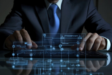 Wall Mural - businessman typing on keyboard with futuristic digital interface projection
