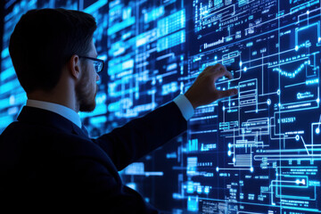 Wall Mural - businessman analyzing futuristic glowing data connecting digital lines and information
