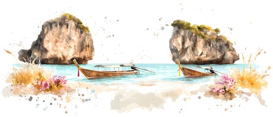 Poster - Stunning watercolor painting depicting the iconic limestone cliffs turquoise waters and traditional longboats of Phuket Thailand