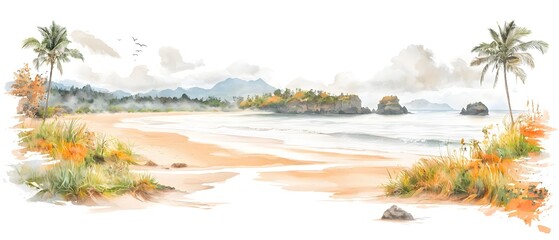 Poster - Breathtaking Watercolor Painting of Thailand s Phuket Coastline Showcasing Golden Sandy Beaches Lush Palm Trees and Crystal Clear Waves