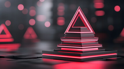 Fototapete - A digital geometric composition featuring layered red pyramids with glowing edges against a dark, abstract background