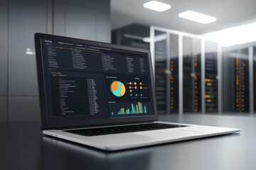 Wall Mural - laptop displaying code and charts in server room enhancing data analysis