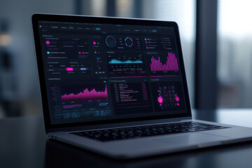 Wall Mural - laptop displaying futuristic user interface with graphs and data analysis in modern office
