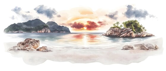 Poster - Enchanting Watercolor Seascape of Phuket s Peaceful Sunrise Over the Tropical Ocean with Soft Pastel Colors Reflecting the Tranquil and Exotic Atmosphere of this Idyllic Paradise