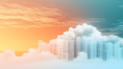 Fototapete - A serene landscape blending futuristic city outlines with soft clouds under a gradient sky of warm oranges and cool blues