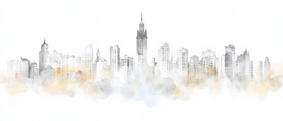 Aufkleber - Minimalist Black and White Watercolor Cityscape Showcasing a City s Historic and Modern Buildings with Elegant Brushstrokes Creating a Stylish Digital Design