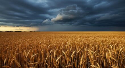 Fototapete - Dramatic Wheat Field Under Dark Stormy Sky with Approaching Rain in Background