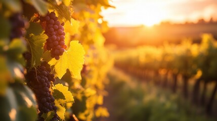 Aufkleber - Vineyard at sunset with ripe grapes and golden sunlight highlighting lush leaves and rows of vines in a picturesque landscape Generative AI