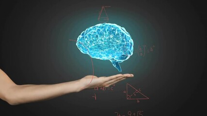 Wall Mural - holding digital brain, hand with mathematical equations and animation in background