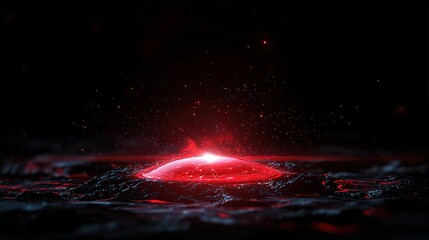 glowing red orb on dark surface with particles.