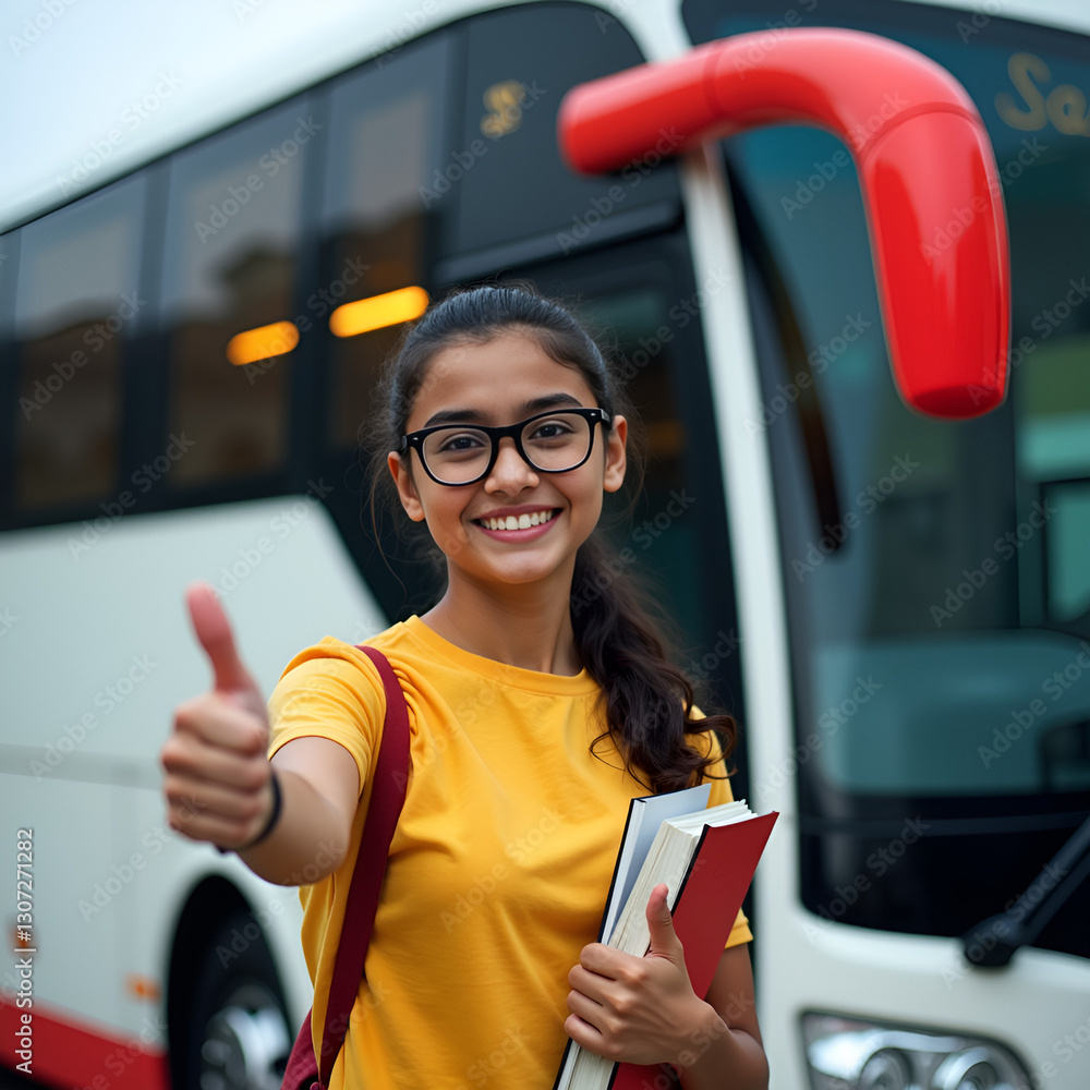happy Indian girl student with glasses standing holding books in front ...