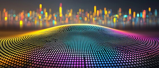 Colorful data wave over city, tech future